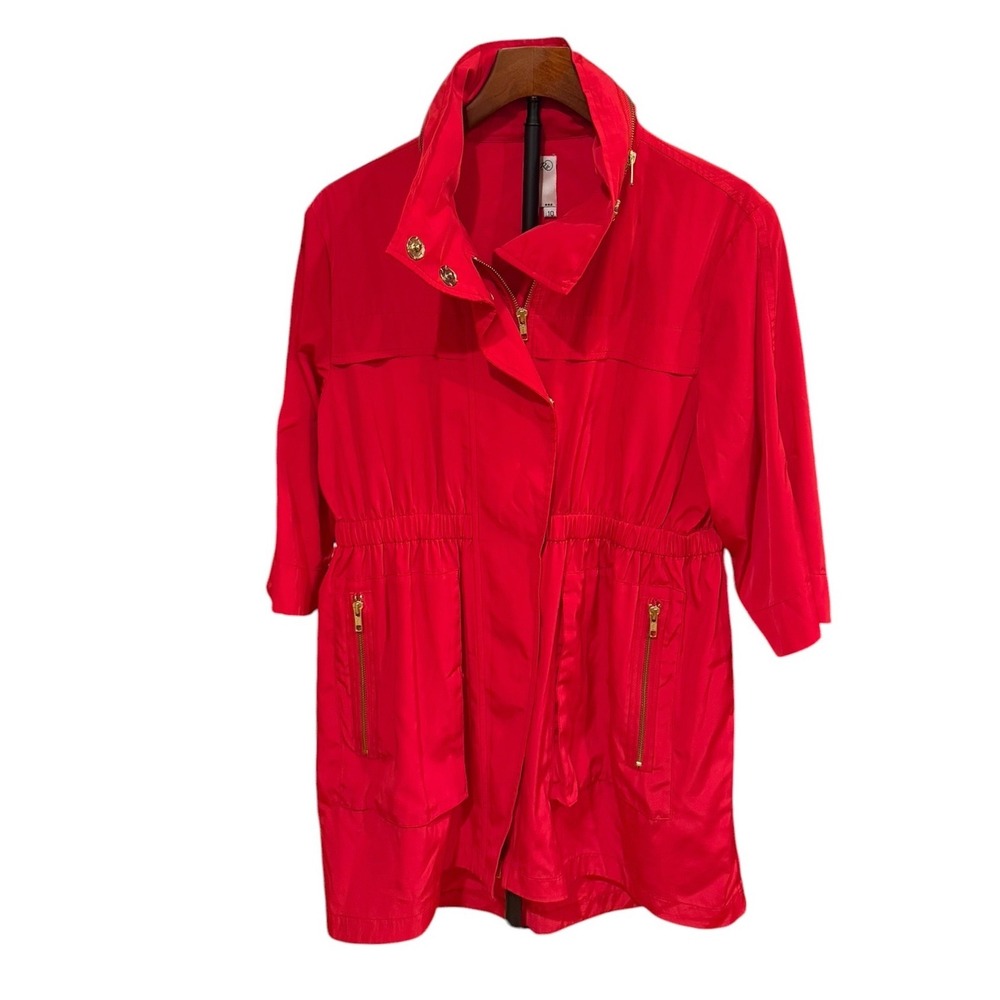Ali Ro Womens Red Cinched Waist Lightweight Jacket Gold Zip Pockets Size 10